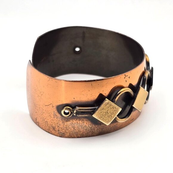 VTG Brutalist Wide Copper Cuff Bracelet 6.5" Gold-Tone Diamond & Loop Design 70s - Picture 4 of 8